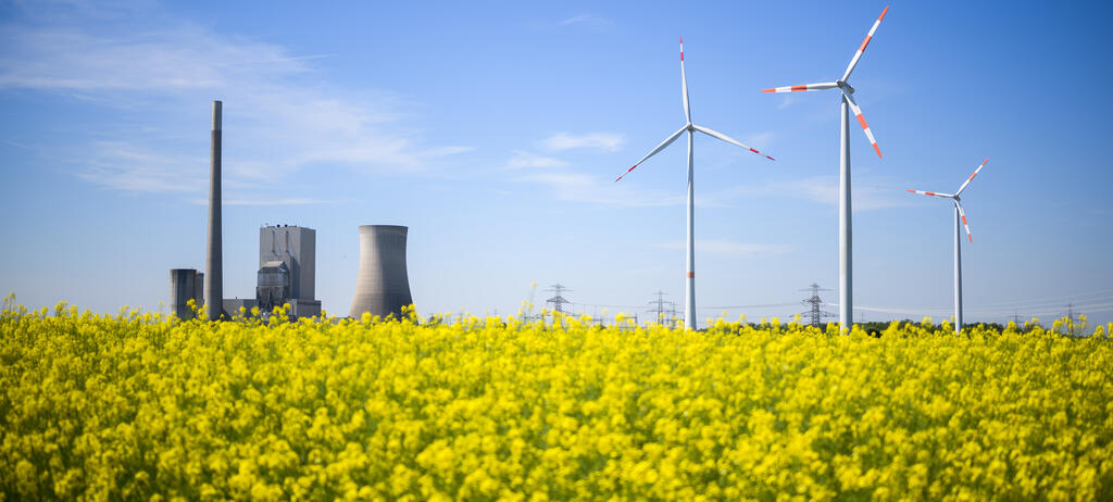 Ein gelb blühendes Rapsfeld im Vordergrund und im Hintergrund links ein Kohlekraftwerk und rechts Windräder.